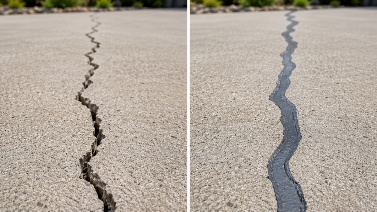 Sealed concrete driveway crack repair, seamless finish, Boulder CO.
