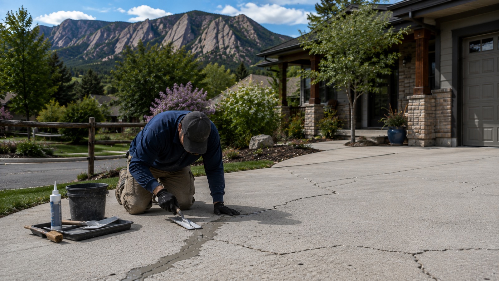 Technician repairing a cracked concrete driveway in Boulder, Colorado.
