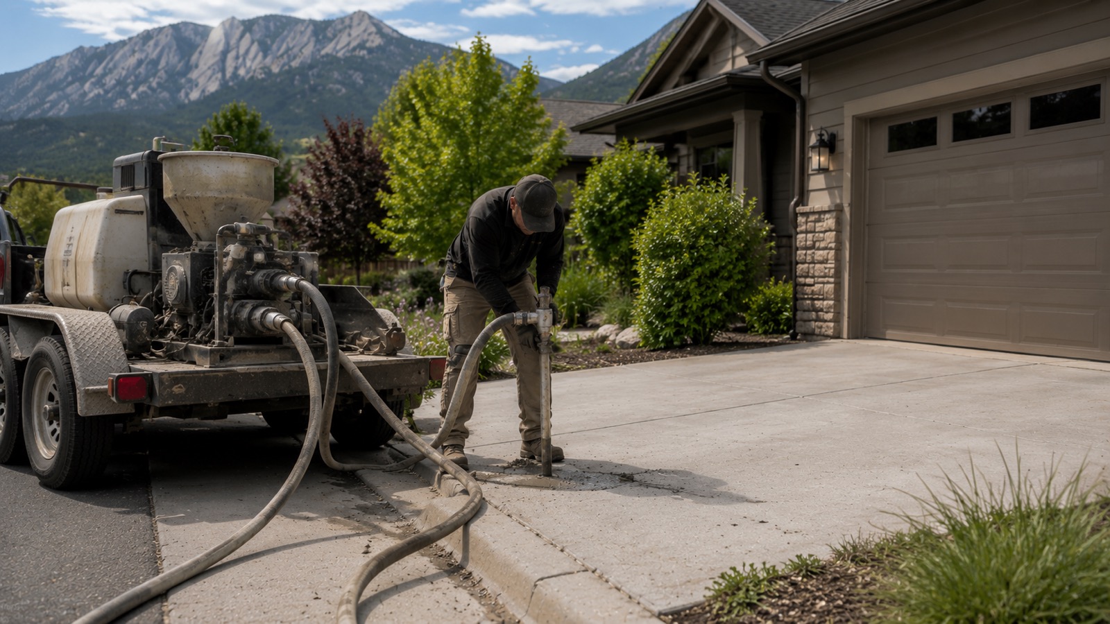 Mudjacking equipment lifting a sunken concrete driveway slab in Boulder, Colorado.