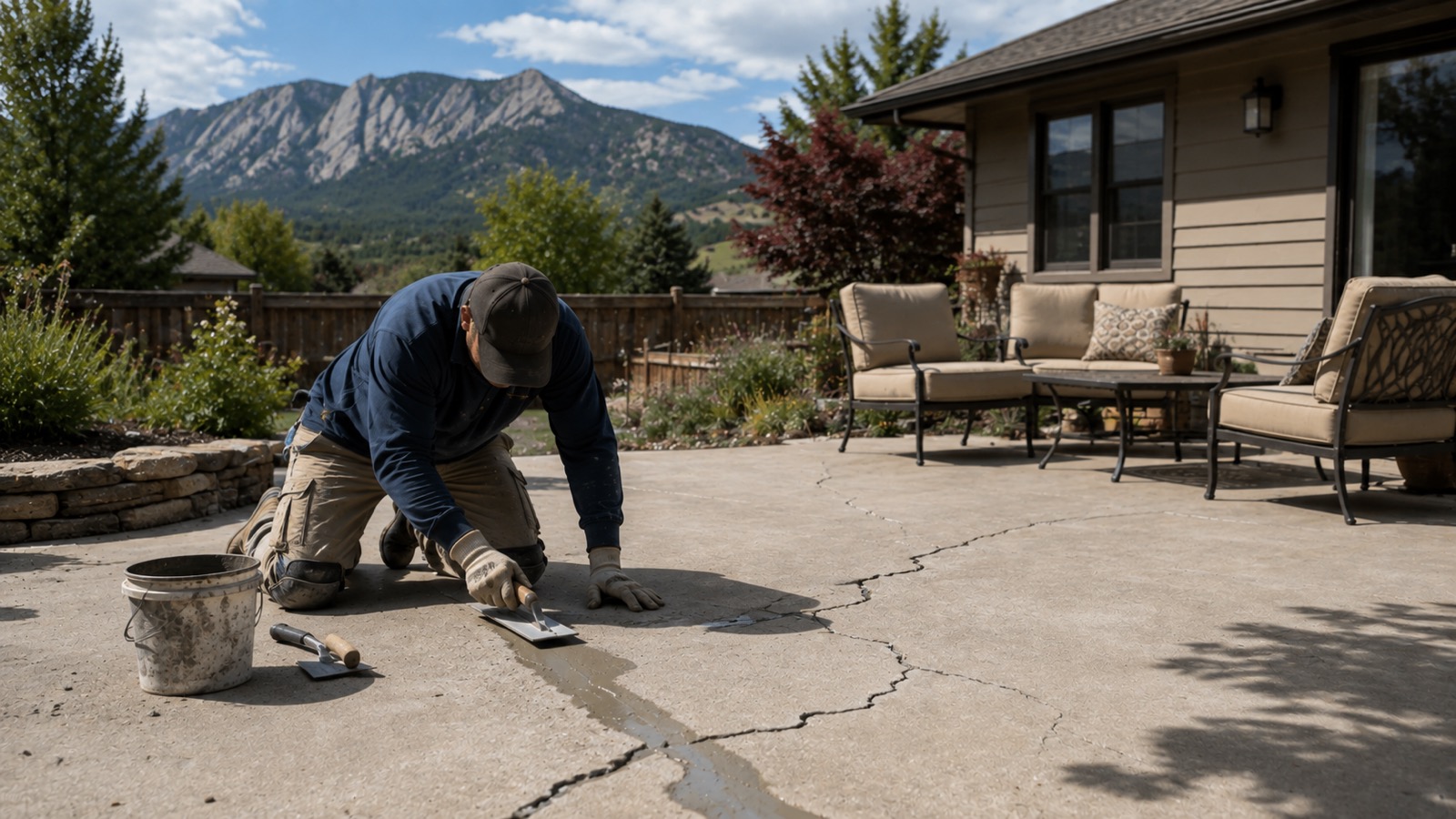 Technician repairing a backyard concrete patio in Boulder, Colorado.