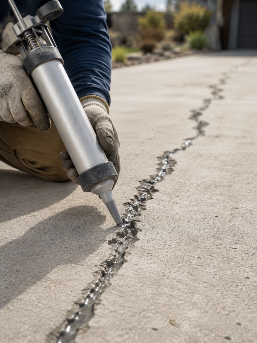 Close-up of a technician sealing a concrete crack during a driveway repair in Boulder, CO.