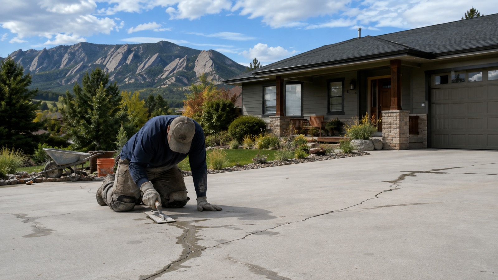 Concrete driveway repair crew working in front of a Boulder, Colorado home with the Flatirons in the background.