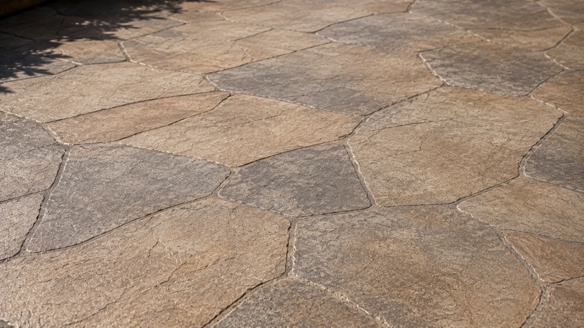 Stamped decorative concrete overlay finish, close-up texture, Boulder CO.