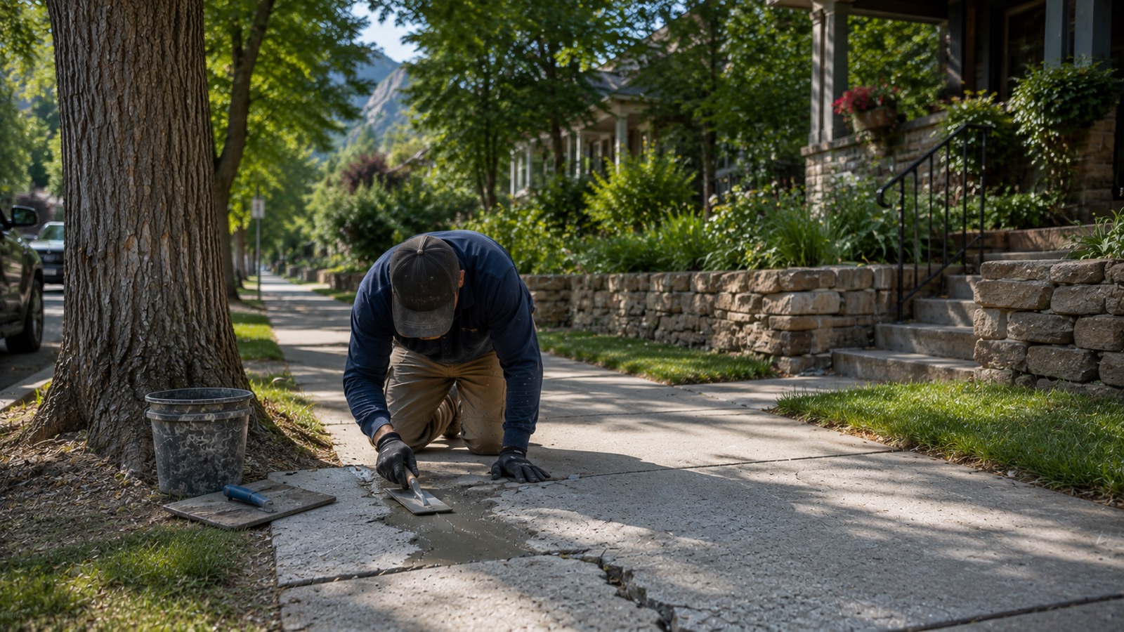Technician repairing a sidewalk panel on a Boulder, Colorado neighborhood street.