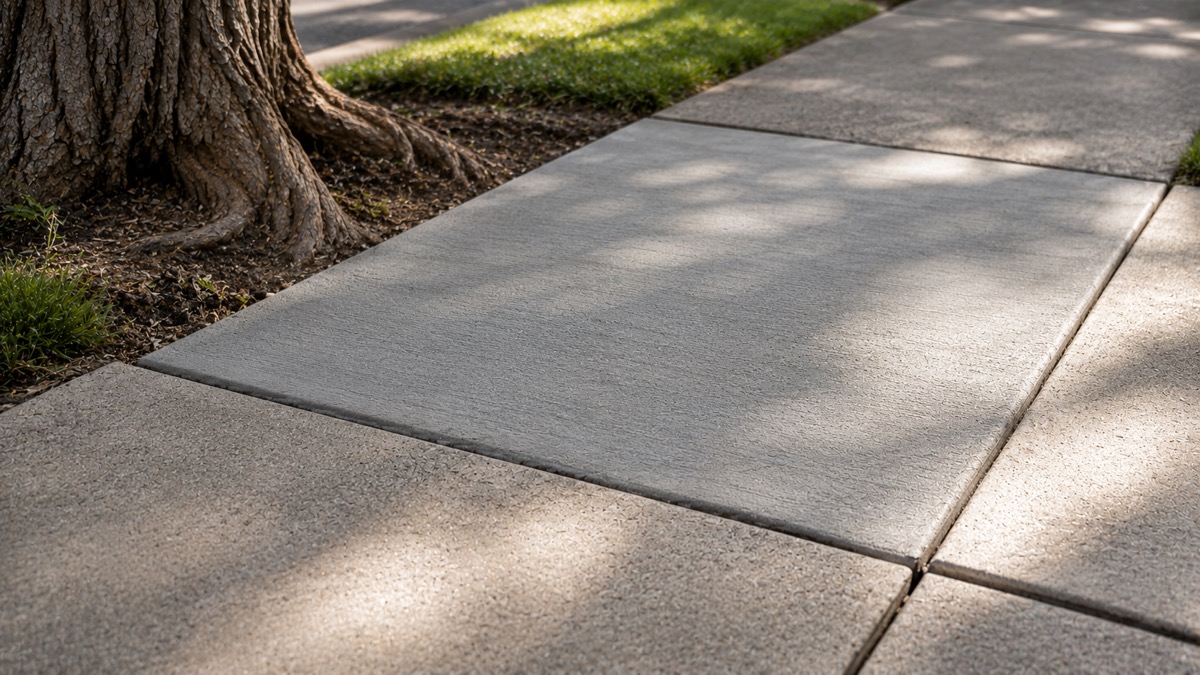 Releveled sidewalk panel next to a mature street tree, Boulder CO.