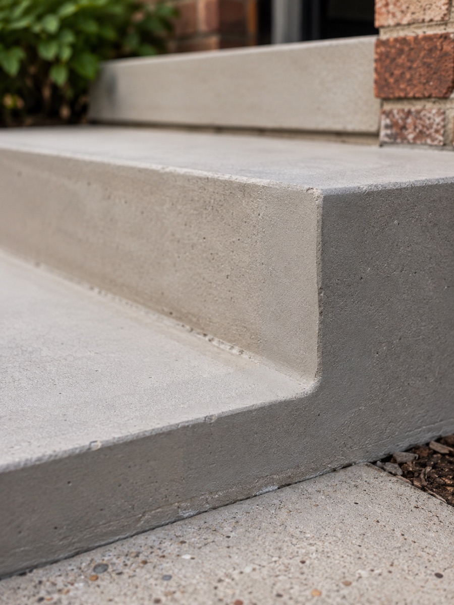 Repaired concrete step edge, close-up, Boulder CO.